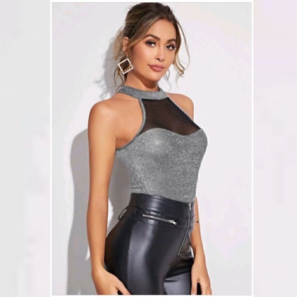 Shein Mesh Insert Glitter Halter top NYE Holiday